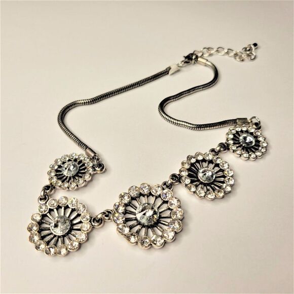 Silver FloralCrystal Choker,  Bib Necklace with Crystals - Picture 4 of 12